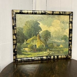 R Weber “Cottage on Pond” Lithograph Print Wall Art Unique Black and Gold Frame